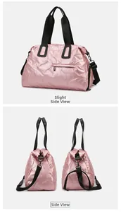 Pink metallic travel bag side views showing quilted texture and adjustable straps