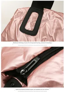Detail of reinforced stitching on straps and anti-oxidation hardware on pink gym bag