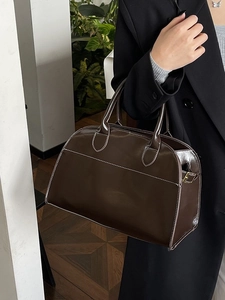 Classic dark brown tote bag in glossy leather with contrast stitching for women