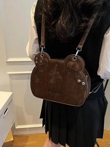 Retro dark brown bear-shaped crossbody bag with Princess embroidery and heart ears