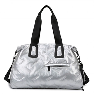 Quilted silver gym tote with black straps and detachable shoulder strap for travel