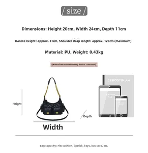 Size chart for quilted shoulder bag showing dimensions 20x24x11cm and capacity guide