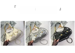 Three quilted rhombic shoulder bags in off-white, silver and black with gold chains