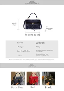 Dimensions détaillées du sac en tweed montrant 18cm de large et trois options de couleurs