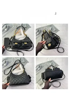 Multi-angle details of a black quilted handbag with gold chains and pocket features
