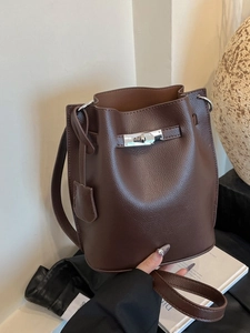 Women Lychee Pattern PU Leather Bucket Bag Kelly Lock Shoulder Crossbody Bag Casual Chic Minimalist Daily Underarm Handbag