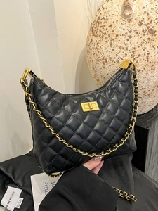 Sac à Épaule avec Chaîne Matelassée pour Femmes Classique Motif Losange en Cuir PU Sac Bandoulière Hobo Avec Fermoir Tournant