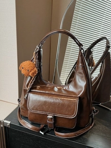Sac à Bandoulière Vintage pour Femmes en Cuir PU Grande Capacité Surpiqûres Contrastées Sac Hobo de Bureau Mode