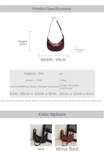 Detailed size chart for the crescent hobo bag in burgundy and black PU leather