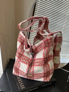 Bolso Tote de Peluche Casual para Mujer Estilo Relajado Sherpa Hombro Rojo Blanco Cuadros Rosa Ligero Gran Capacidad
