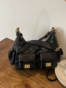 Quilted Chain Shoulder Bag PU Leather Multi-pocket Crossbody Bag Diamond Lattice Metal Turn-lock Fashion Underarm Bag
