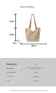 Detailed size specifications for woven straw tote with dimensions and leather strap info