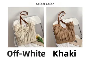 Hollow knit tote bags in beige and khaki colors with premium brown leather handles