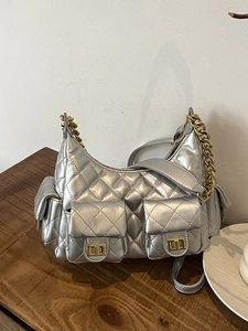 Silver quilted hobo bag with gold chain and multi-pocket design for women