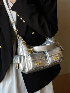 Chic silver quilted shoulder bag with gold chain strap and multi-pocket detail