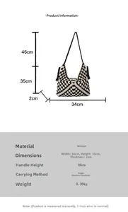 Detailed size chart for the woven beach bag showing dimensions and black fringe tassel