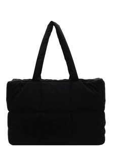 Black quilted puffer tote bag with large square stitching and padded shoulder straps