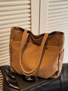 Women Canvas Tote Bag Large Capacity Shoulder Bag Multi-Pockets Vintage Casual Commute Handbag Korean Fashion Workwear Shopping Bag