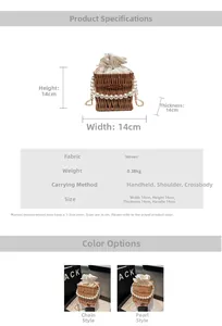 Detailed view of brown woven bucket bag with pearl handle and inner beige drawstring pouch