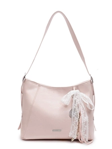 Large light pink faux leather bucket tote bag with white lace bow and silver logo plate
