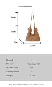 Detailed dimension guide for large woven straw tote bag with dimensions and tassel detail