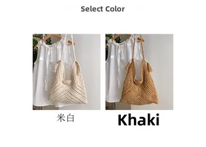 Detail of hand-woven hobo bags with geometric patterns and tassel straps in beige and khaki