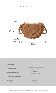 Detail view of woven bohemian bag dimensions 25x18x1cm with adjustable leather strap