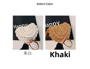 Detailed texture of bohemian handmade crochet crossbody bags in off-white and khaki colors