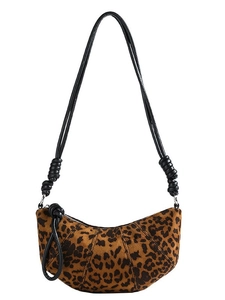 Leopard print crescent shoulder bag with knot detail and sleek half-moon silhouette