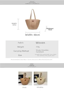 Detailed size chart for straw tote bag showing dimensions 48x32x15cm and carry options