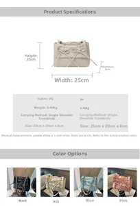 Detailed size specifications and color options for the bow pleated chain tote bag