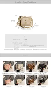 Detailed size specifications for a retro crossbody bag with chain strap and bow