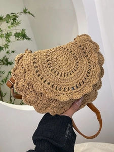Bohemian Crochet Cotton Woven Crossbody Bag Hollow Scalloped Edge Round Shoulder Bag For Women Beach Vacation Travel Accessory