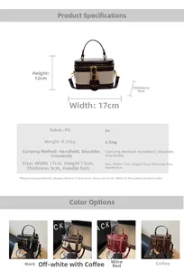 Detailansicht der Vintage-PU-Box-Tasche mit Maßen und vier verschiedenen Farbvarianten