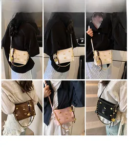 Multiple views showing white pink brown and black leather tote bags on models with chain detail