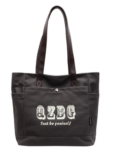 Borsa tote minimalista in tela grigio scuro con manici in pelle e tasca frontale