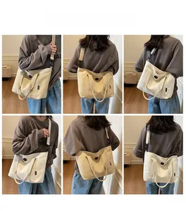 Collage of model wearing a large cream canvas tote bag in various casual crossbody styles
