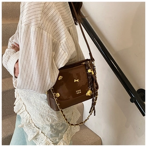 Detail shot of brown glossy leather crossbody bag with golden dog charm and metal logo