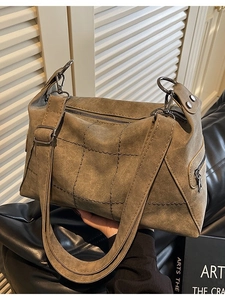 Vintage dark coffee matte crossbody bag with square quilted stitching and wide strap