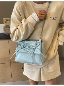 Women Fashion PU Leather Crossbody Bag Sweet Bowknot Chain Shoulder Bag Pleated Small Square Bag Casual Daily Handbag