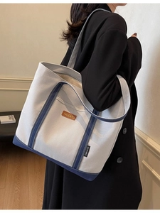 Women's Large Capacity Canvas Tote Bag Casual Korean Style Contrast Color Shoulder Bag With Faux Leather Patch Shopping Handbag