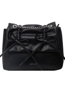 Black leather crossbody bag with pleated design, bow accents and silver chain strap