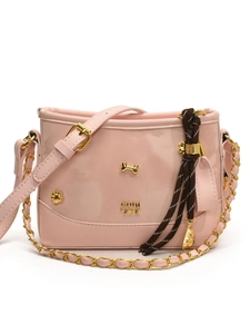 Pink faux leather tote bag with gold bone charm and chain strap for women's daily commute