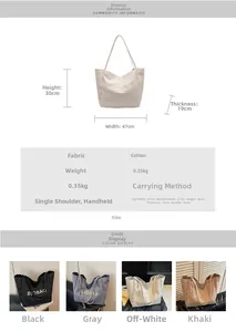 Size chart for canvas tote bag showing dimensions 30x47x19cm and material specifications