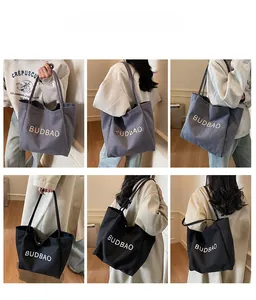 Collage of large canvas tote bags with letter print showing various shoulder carrying styles