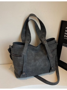 Retro grey matte tote bag with shoulder strap and rivet details for women
