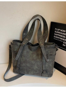 Retro grey-green large capacity tote bag with rivets and dual zippers for women