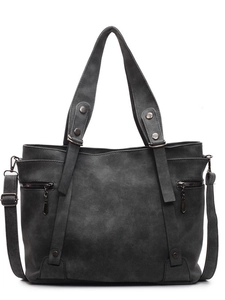 Retro charcoal grey large capacity tote bag with adjustable shoulder straps and soft texture