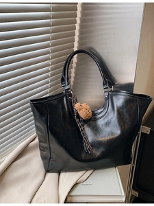 Large black PU leather tote bag with bear charm and plaid ribbon for daily commuting
