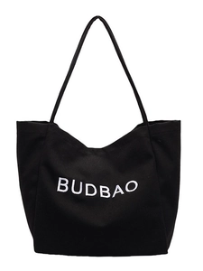Minimalist black canvas tote bag with BUDBAO embroidery and slim shoulder straps